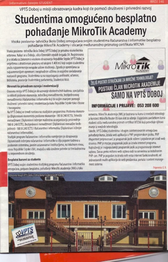 Medijski članak 01 — novinski isječak o VPTŠ Doboj