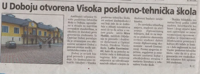 Medijski članak 05 — novinski isječak o VPTŠ Doboj